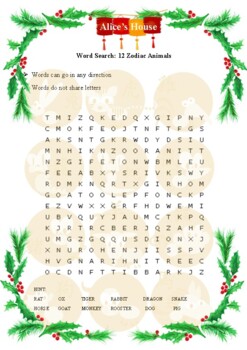 Word Search: 12 Chinese Zodiac Animals