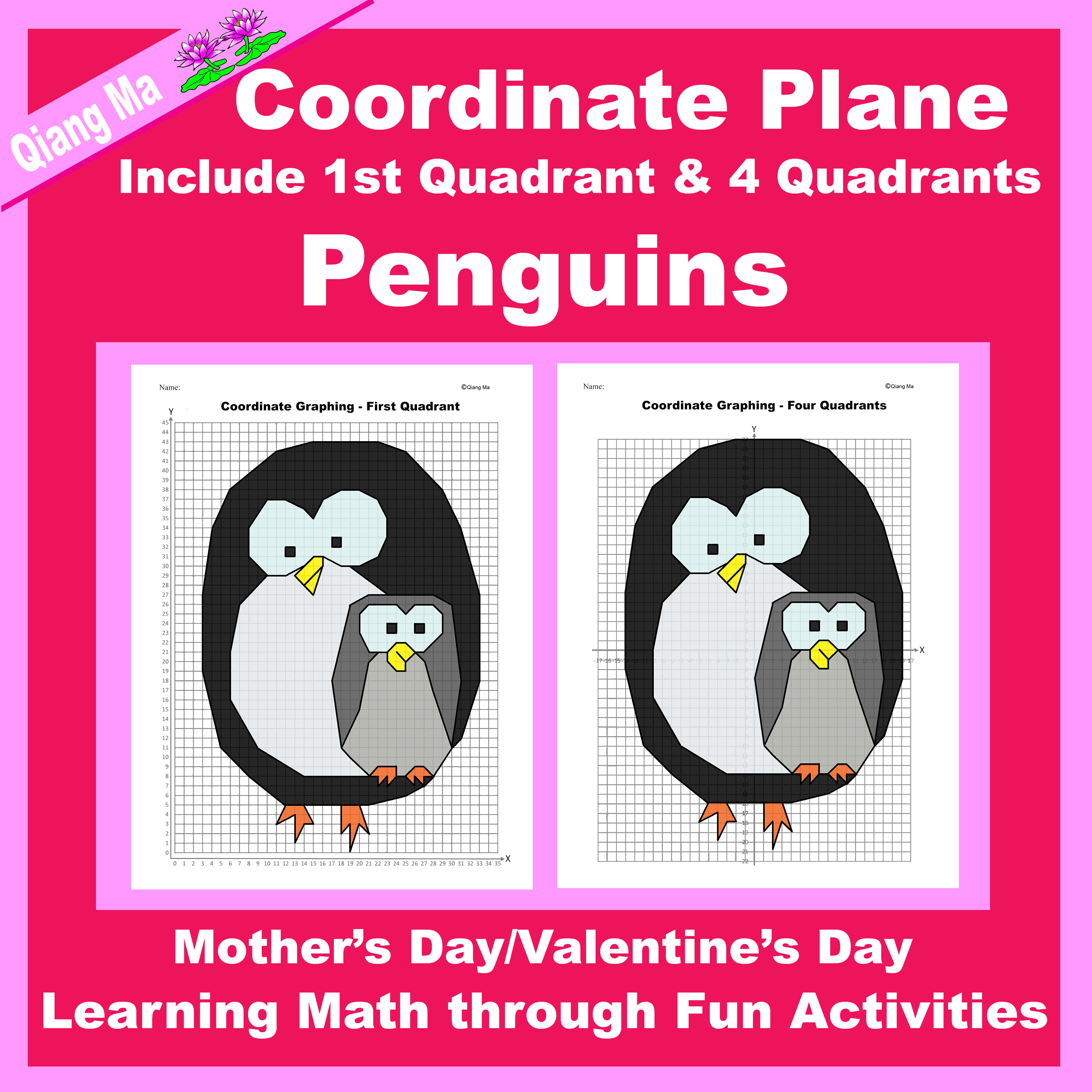 Mother's Day/Valentine's Day Coordinate Plane Graphing Picture: Penguins