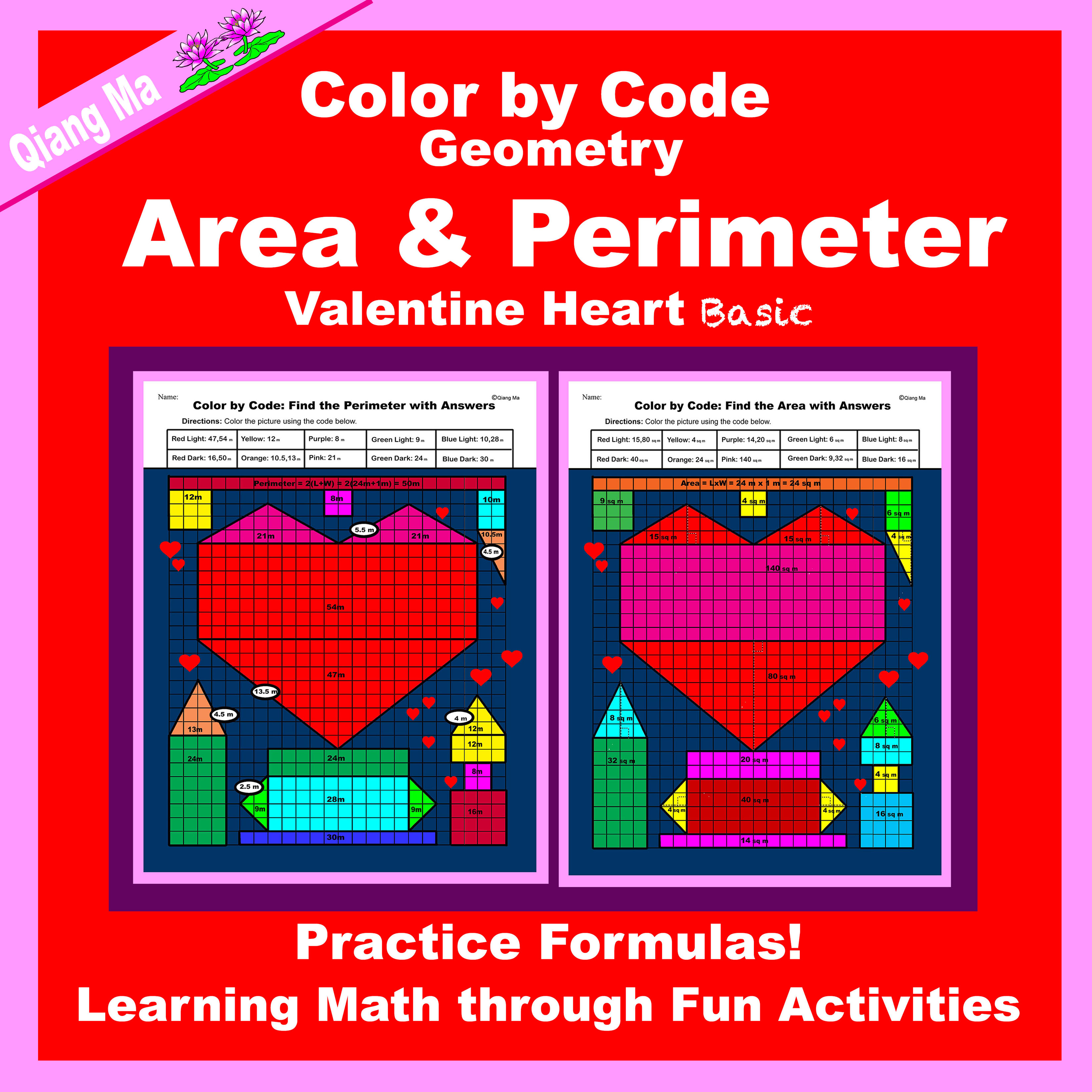 Valentine Color by Code: Area and Perimeter: Practice Formulas Basic: Heart