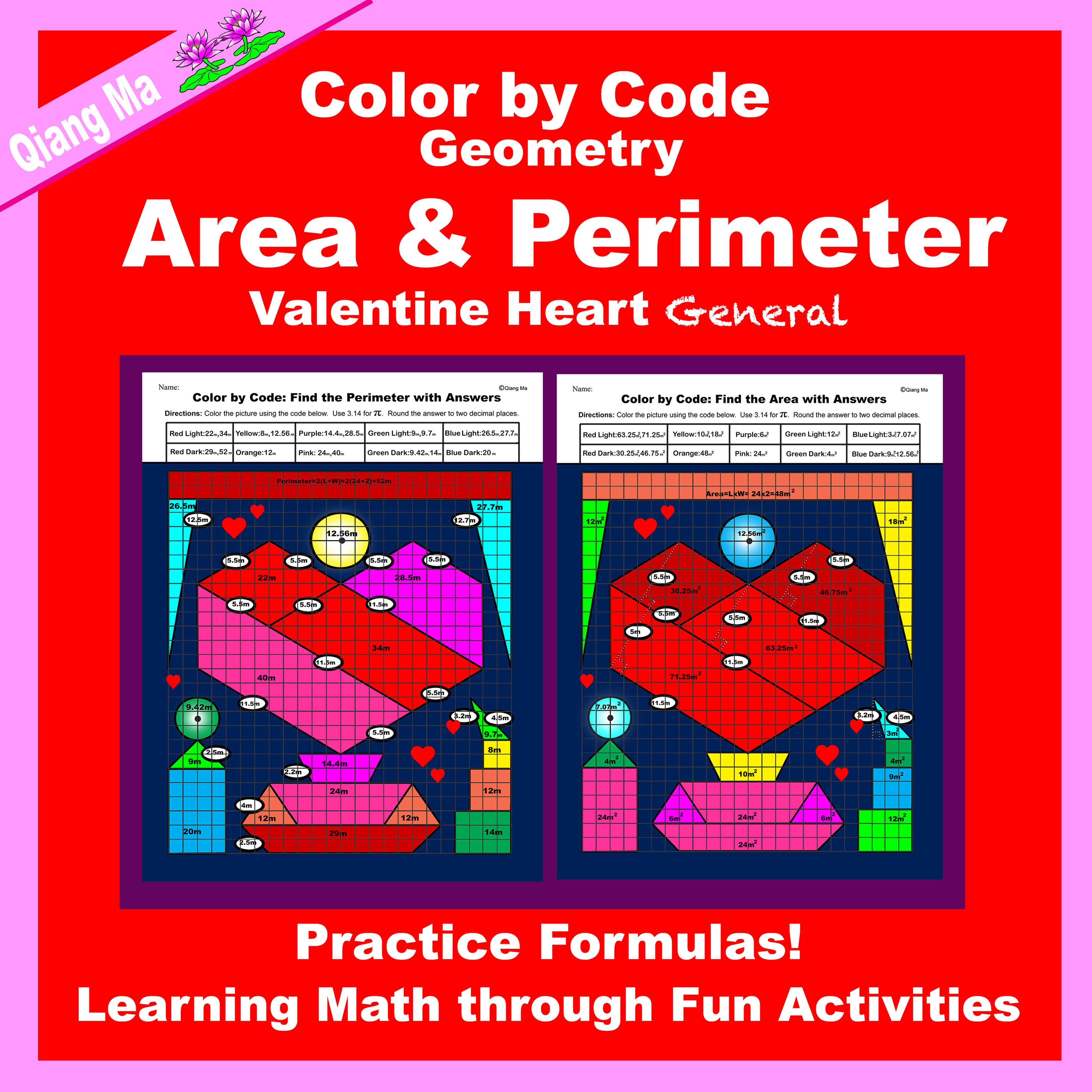Valentine Color by Code: Area and Perimeter: Practice Formulas General: Heart