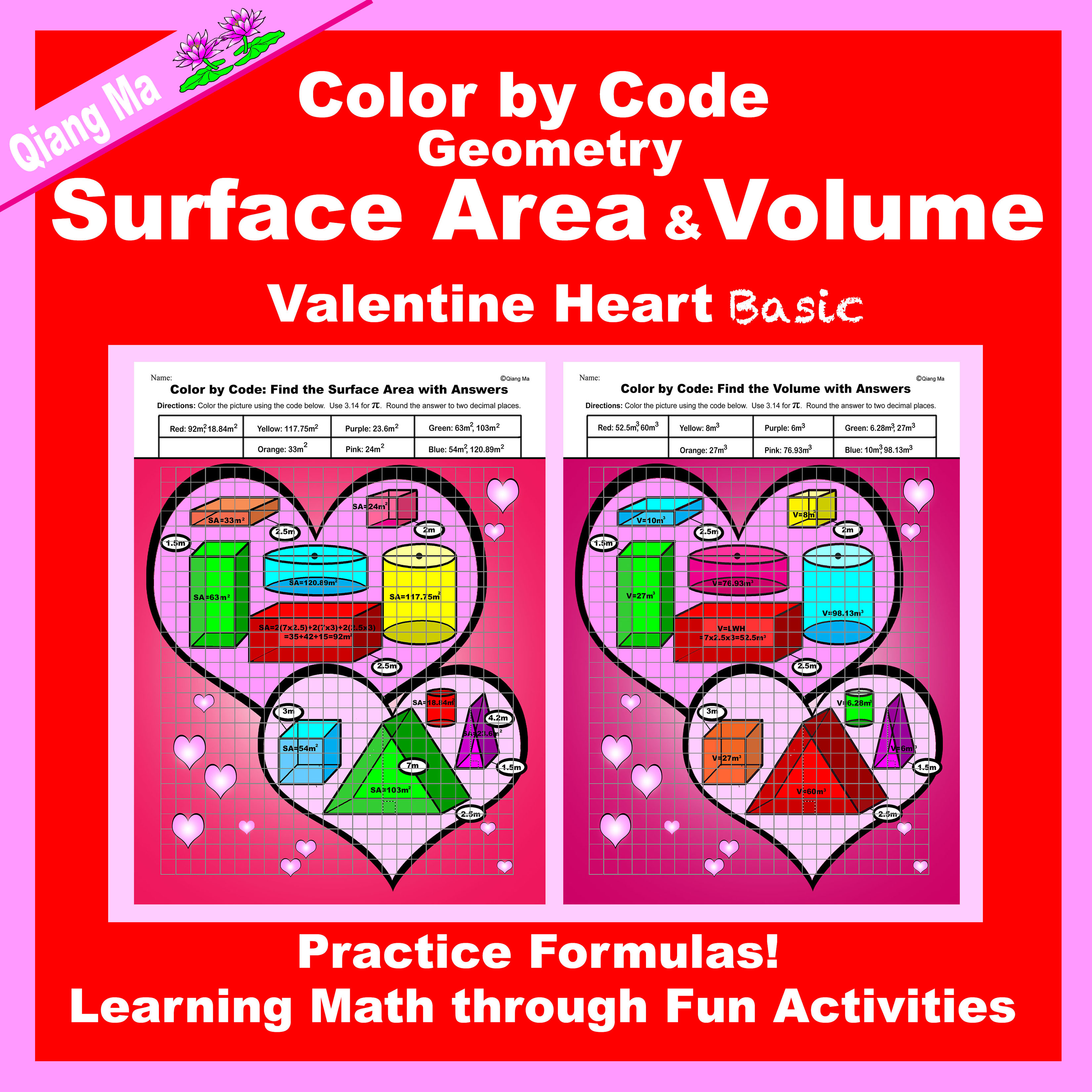 Valentine Color by Code: Surface Area and Volume: Practice Formulas Basic: Heart