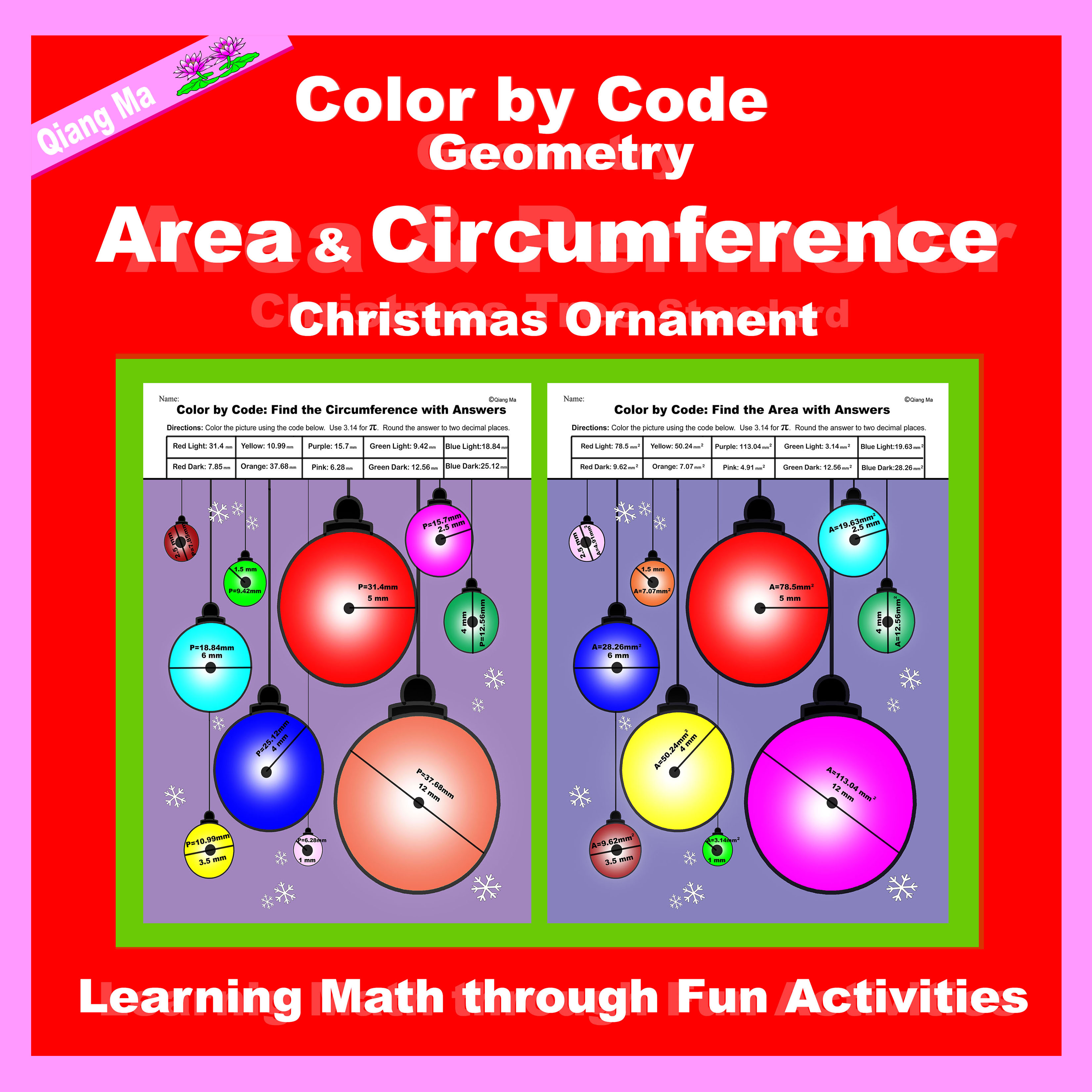 Christmas Color by Code: Area and Circumference: Christmas Ornament