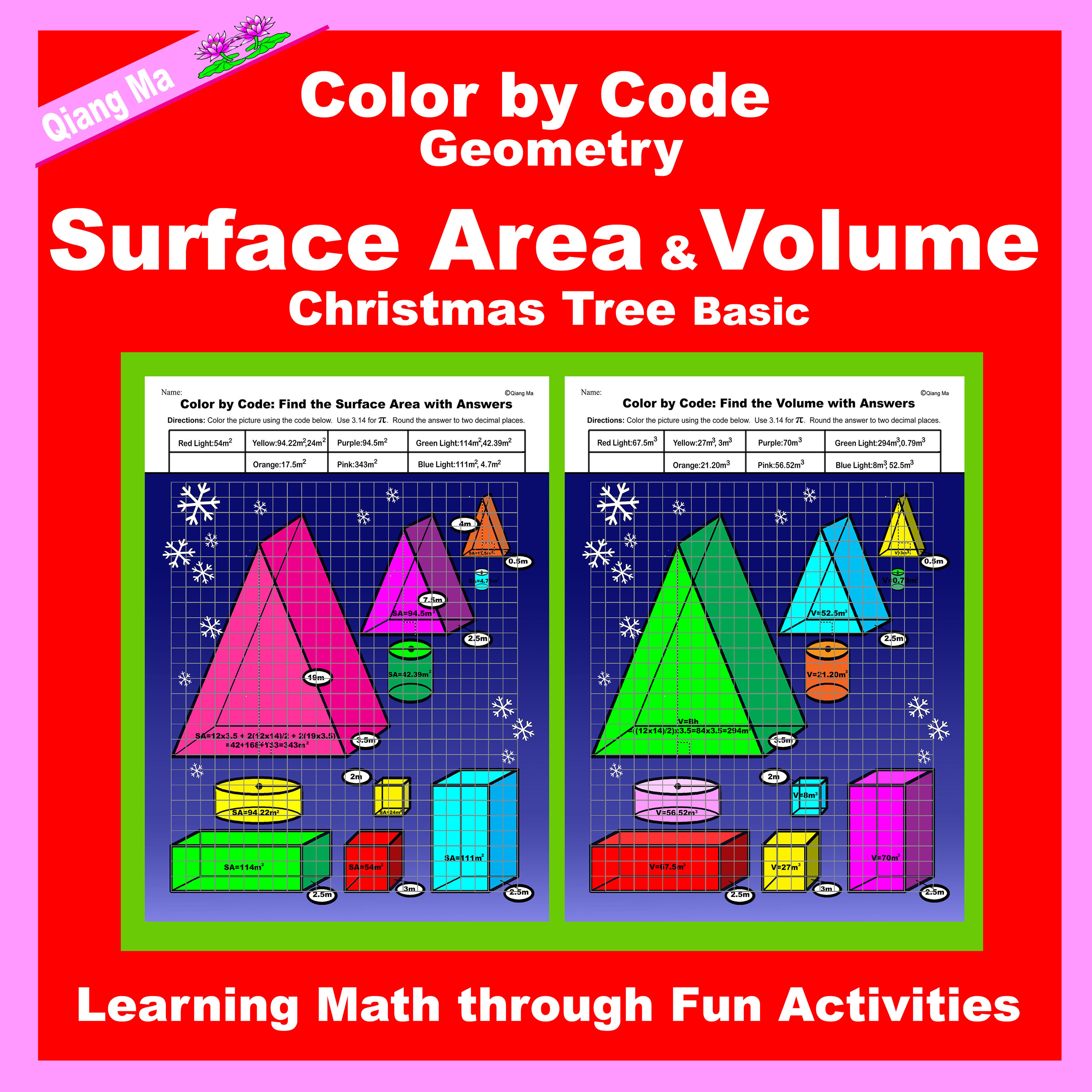 Christmas Color by Code: Surface Area and Volume: Christmas Tree Basic