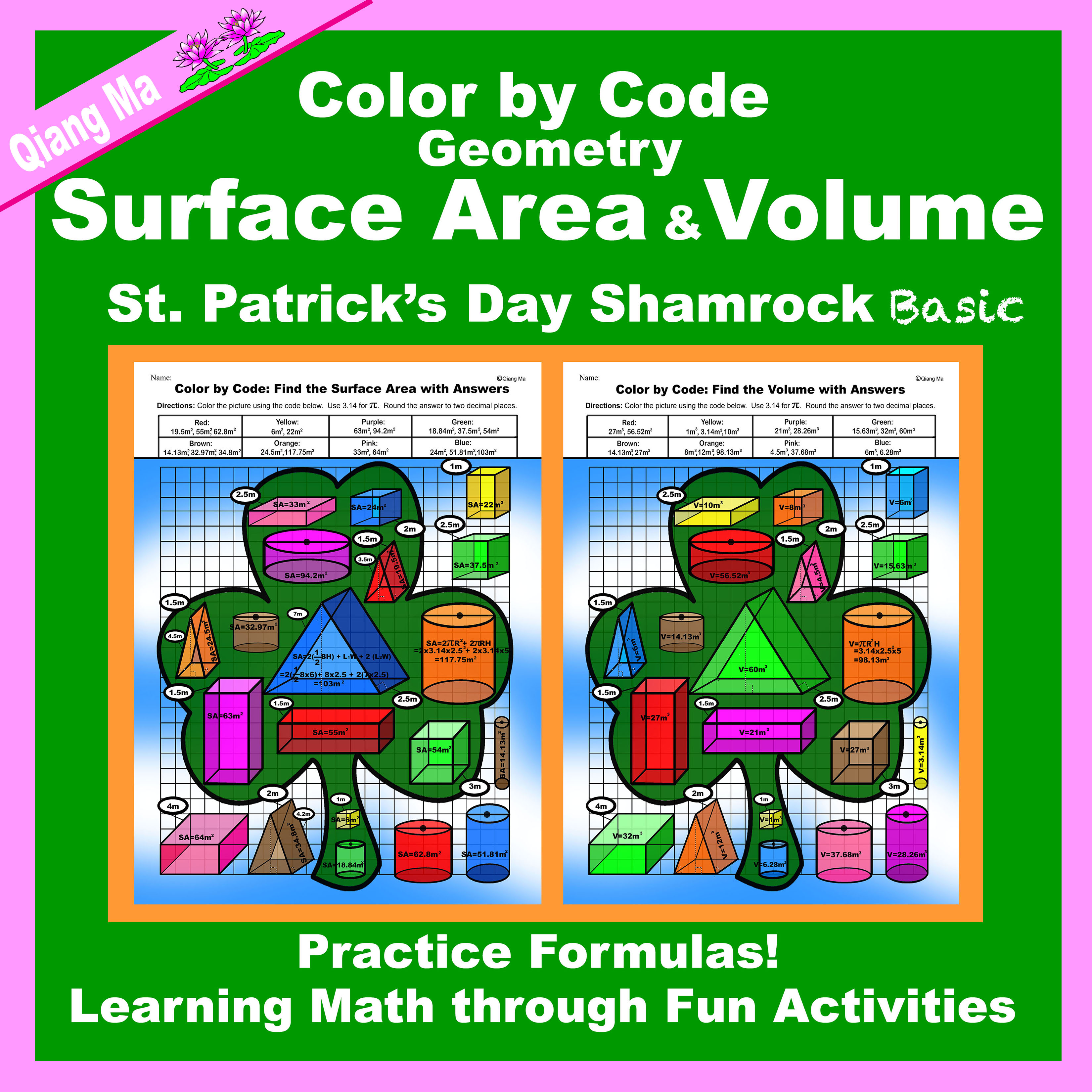 St. Patrick's Day Color by Code: Surface Area and Volume Basic: Shamrock