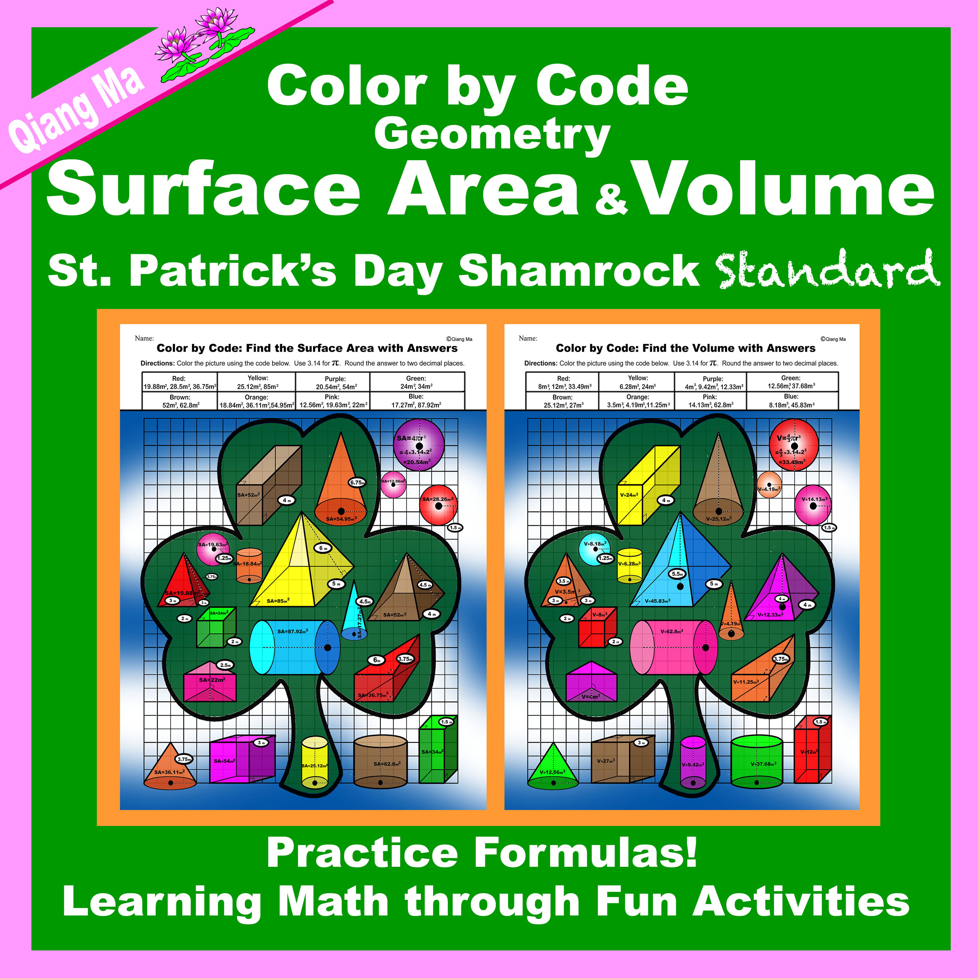 St. Patrick's Day Color by Code: Surface Area and Volume Standard: Shamrock