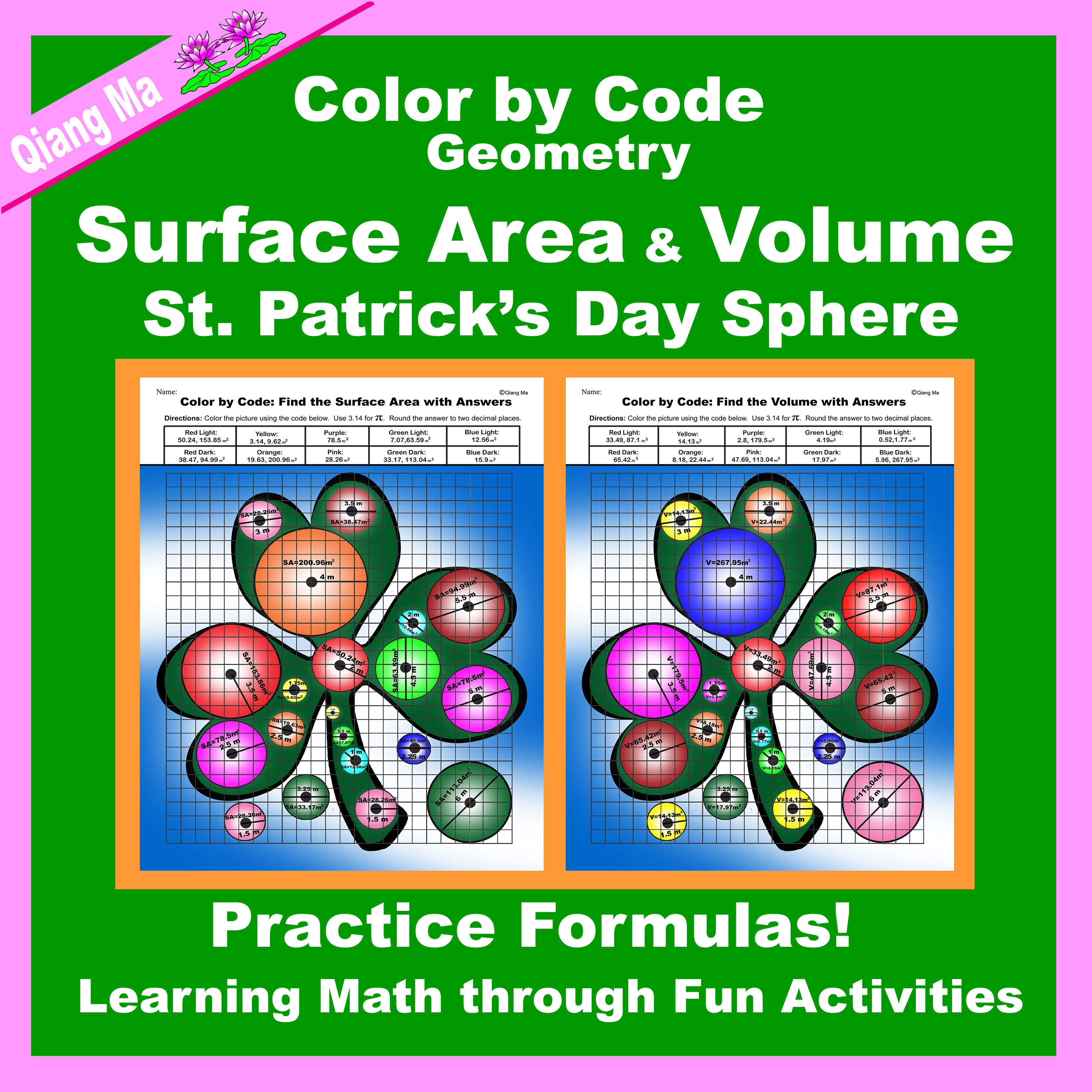 St. Patrick's Day Color by Code: Surface Area and Volume: Sphere